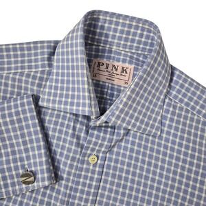 Thomas Pink Dress Shirt Mens 15 35 Blue Gingham Check French Cuff Cotton Preppy